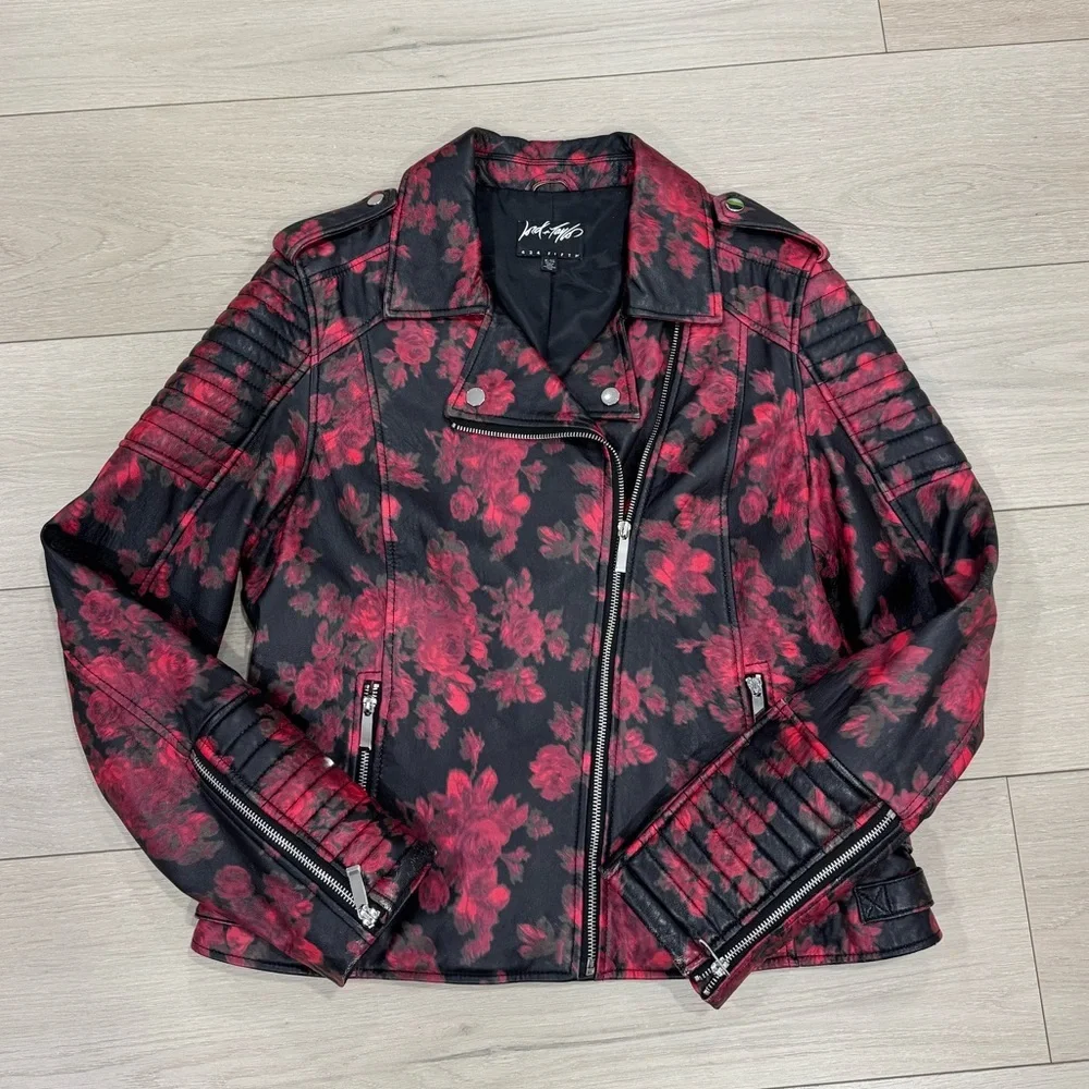 Lord & Taylor 424 Fifth Red Rose Black Leather Moto Biker Jacket - Picture 2 of 10